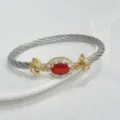 Luxury oval zircon cable bracelet, 18k gold plated open cuff jewelry for women vintage. - Silver Red