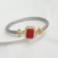 Retro 18k gold plated twisted cable bracelet with square red rhinestone zircon luxury jewelry - Silver Red