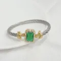 Retro light luxury cable bracelet featuring a central green zircon and gold plated finish. - Silver-Green
