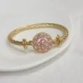 18K Gold Plated Copper Twisted Cable Bangle with Pink and White Cubic Zirconia Circle Charm - Gold Base Pink