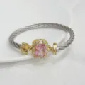 Retro two-tone twisted cable bracelet with a sparkling square pink zircon center stone. - Silver Pink