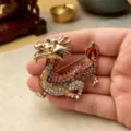 Vintage Chinese style zodiac dragon brooch metal rhinestone suit jacket accessory gift. - Flying Dragon Champagne