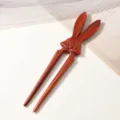 Vintage wooden rabbit hair fork U shaped hair stick elegant hair accessory detail view. - Red Sandalwood Rabbit Hairpin / Dark Red