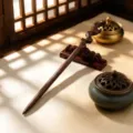 Detailed view of a Chinese retro wooden hairpin on a stand with Zen incense burner decor. - Tree Branch