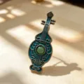 Dunhuang style Pipa brooch with blue enamel finish and green bead. Elegant Chinese pin. - Medium Round Wave Pattern - Green Calyx