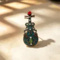 Vintage Chinese style Pipa brooch with red bead and green stone, elegant enamel pin for women. - Wide Body Cloud Pattern - Flying Apsaras