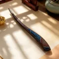 Chinese wooden hairpin with vintage brocade wave pattern, elegant Hanfu hair accessory. - Blue Sandalwood