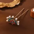Dunhuang style peacock hairpin with faux pearls and enamel flowers, elegant hair bun fork for women. - Peacock Feather Hair Fork / Single Unit / Red and Blue