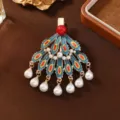 Dunhuang style peacock feather hair clip, retro enamel duckbill hairpin with pearls. - Peacock Feather Duckbill Clip / Red and Blue