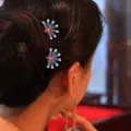 Dunhuang style Chinese peacock feather hair clip set, elegant red and blue enamel hairpins. - Peacock Feather Hair Fork / Two-Piece Set / Red and Blue