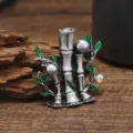 Close-up of vintage Chinese bamboo brooch with metallic stalks, green leaves and pearls. - Bamboo Gray Pearl
