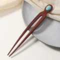 Red sandalwood U-shaped hair stick with turquoise stone, elegant wooden hair fork. - Red Sandalwood Slim Oval Turquoise Hair Fork