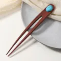 17cm Red Sandalwood Hair Fork Imitation Turquoise U-shaped Hairpin Daily Simple Hair Stick - Red Sandalwood Vertical Oval Turquoise Hair Fork