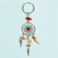 Handmade silver dreamcatcher keychain with red natural crystal chips and wing pendants - Red Agate