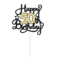 Gros plan d'un cake topper pailleté noir et or Happy 50th Birthday pour fête d'anniversaire. - Chiffre 50