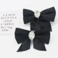Elegant black ribbon bow shoe clips with oval crystal rhinestone for bridal high heels - 一双装(S0077) / Black