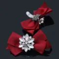 Elegant red satin bow shoe clips with sparkling crystal flower center for bridal heels - 一双装(S0078) / Burgundy