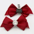Elegant red satin bow shoe clips with sparkling crystal rhinestone buckle for bridal shoes - 3D Rhinestone Buckle Bowknot (S0079) / 1 Pair / Burgundy