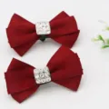 Elegant wine red satin bow shoe clips with square crystal rhinestones - Single Pack (S0081) / Burgundy