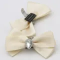 Pair of elegant cream satin bow shoe clips with teardrop rhinestone for bridal heels - Waterdrop Rhinestone Bowknot (S0076) / Single Piece / Off White