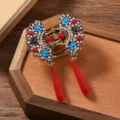 Pinza de pelo de mariposa retro china con flores de esmalte y borlas rojas. - Estilo Abanico Borla Flor Pequeña Perla / Pinza Abanico Mediana