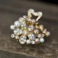 Gold mini hair claw clip with pearls and sparkling rhinestones, elegant floral hair accessory. - Floral Champagne