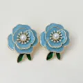 Blue enamel camellia flower earrings with pearl and rhinestones elegant vintage jewelry accessories - Haze Blue