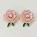 Chic 3D pink camellia enamel stud earrings with pearl rhinestone center and green leaves. - Pink