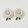 Elegant white camellia stud earrings with enamel pearl and rhinestones for women retro jewelry - White