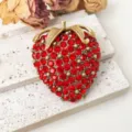 Retro red crystal strawberry brooch detailed view, vintage gold-tone metal lapel pin jewelry. - Strawberry Brooch