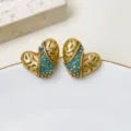 Vintage gold heart stud earrings with blue rhinestones chic metal jewelry for women party daily - Peacock Blue (8.14-1)