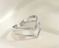 Detailed shot of a silver double layer open ring with woven texture and minimalist design. - V-Shape Double Layer Style (40297-2)