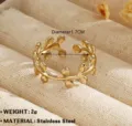 Gold stainless steel leaf open ring, minimalist twig design, chic daily jewelry accessory. - Leaf Vine Shape Style (40381) / Gold