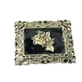 Vintage rose relief brooch, European court style metal accessory with black enamel decor. - Antique Gold