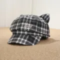 Gorra de periódico a cuadros con orejas de gato, sombrero bordado con lazo para mujer. - M (56-58cm) / Negro