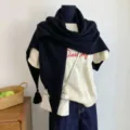 Wool triangular scarf with tassels in sea salt blue, warm and versatile winter accessory. - 70x185cm / Black