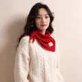 Damen rotes Strick Dreiecktuch kuscheliger Winter Wolle Kopftuch mit Wellenrand warmer Schal - Rot