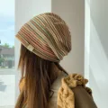 Retro striped knit slouchy beanie hat for women, lightweight spring and summer casual skull cap. - M (56-58cm) / Green
