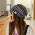 Retro striped knitted slouchy beanie hat for women, casual stylish soft head cover cap spring. - M (56-58cm) / Gray