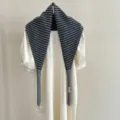 Striped knitted triangle scarf with long ribbons, stylish wool winter wrap shawl for women. - Gray