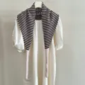 Wool striped triangular scarf with long ribbons, stylish winter women accessory black white. - Pink Coffee