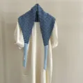 Blue striped knitted triangular scarf for women winter fashion warm ribbon shawl accessory. - Blue