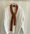 Cozy knitted solid color baguette small scarf paired with white cable knit sweater stylish retro neckwear. - 5x130cm / Caramel color