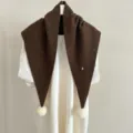 Knit triangular scarf with white pom poms for women, cozy winter wool shawl wrap accessory. - 50x150cm / Speckled Coffee