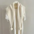 Korean style pure wool knitted triangular scarf with cute pom pom details for women winter warm wrap shawl - 50x150cm / White