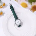 Minimalist green leather strap quartz watch with white dial and clear numbers for daily wear. - Green Number