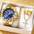 Gold men watch and jewelry set detail showing stylish watch chain bracelet ring and cross necklace. - Gold and Blue