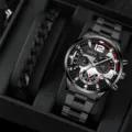 Men black quartz watch and chain bracelet set, detail shot of stylish gift box packaging. - Clown Dial Watch and Bracelet Set / Black Silver