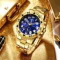 Luxus Gold Business Herrenuhr mit auffallendem blauen Zifferblatt und Stahlarmband. - Goldblau