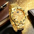 Luxury gold men's quartz watch with large digital dial and steel strap for business style. - Gold